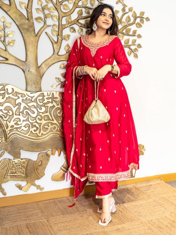 VP 9718 R Elegant Ready to Wear Anarkali Kurta Set in Soft Silk Blend with Embroidered Dupatta and Perfect Fit